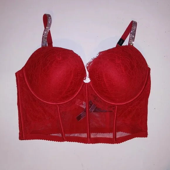 Victoria Secret Bra Push Up Red Silver Shine Strap Logo Lace Long Line Very Sexy Bras